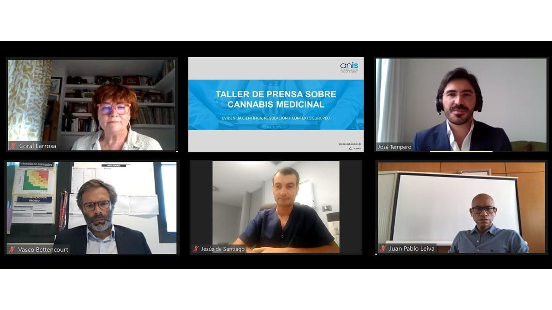 De arriba a abajo, y de izda. a dcha.): Coral Larrosa, vicepresidenta de ANIS; José Tempero, director Médico en Tilray; Vasco Bettencourt, director de Unidad de Licencias del Departamento de Inspección y Licencias de INFARMED (Autoridad Nacional de Medicamentos y Productos Sanitarios de Portugal); Jesús de Santiago, coordinador del Grupo de Interés en Cannabinoides de la Sociedad Española del Dolor (SED); y Juan Pablo Leiva, presidente de la Sociedad Española de Cuidados Paliativos (SECPAL)